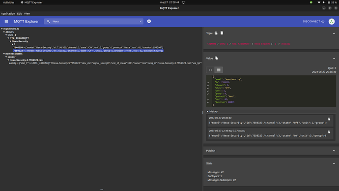 MQTT Explorer showing messages with "Nexa"